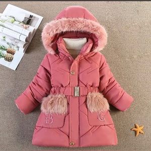 Winter Christmas girl gift padded jacket removable hood thick coat+belt overcoat